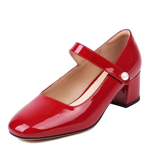Naiyee Mary Jane Damenschuhe mit klobigem Absatz, Knöchelriemen, elegante Schuhe für Damen, niedrige Absätze, geschlossene abgerundete Zehen, Rotes Lackleder, 39 EU Naiyee Mary Jane Damenschuhe mit klobigem Absatz, Knöchelriemen, elegante Schuhe für Damen, niedrige Absätze, geschlossene abgerundete Zehen, Rotes Lackleder, 39 EU von Naiyee