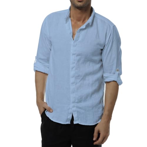 Najia Symbol Leinenhemd Herren 100% Leinen Langarm Sommerhemd mit Club Kragen Luftig Elegant im Vintage Stil (XXL, Blau) von Najia Symbol