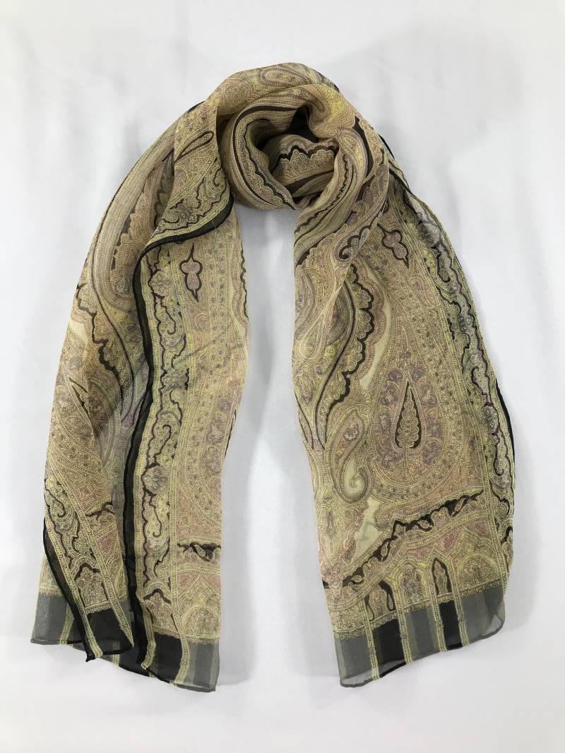 Vintage Paisley Seide Quadrat Seidentuch Gelb Seidiges Kopftuch Halstuch Schalldämpfer Stola von NajwaLuxuryCloset