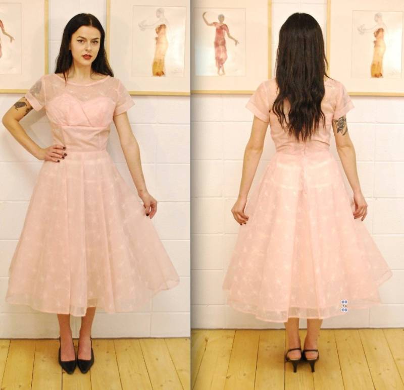 1950Er/60Er Rosa Chiffon Fit & Flare Party Kleid/Abschlussballkleid Sommerkleid Seltenes Sammler Retro von NakedintheBowery