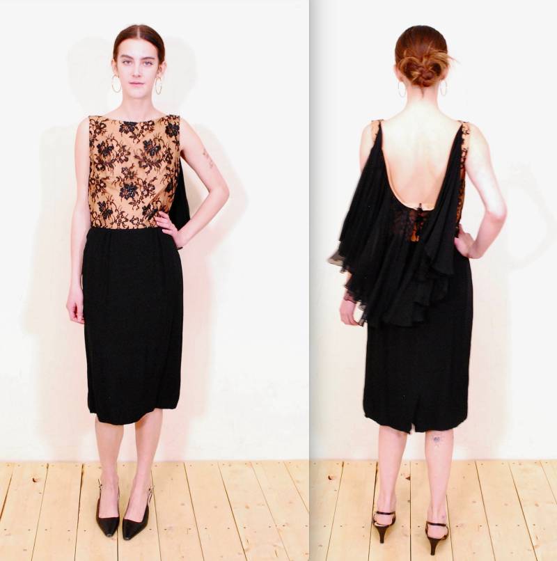 50Er/60Er Jahre Schwarz Und Koralle Jean Of California Spitze Seide Abendkleid/Partykleid Seltenes Sammlerstück Retro von NakedintheBowery