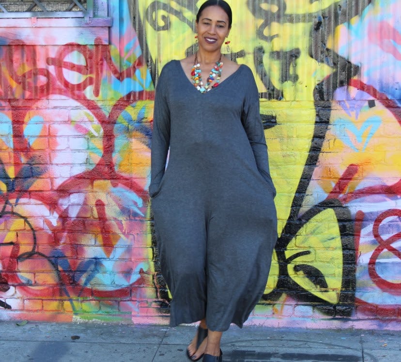 Weites Bein Cropped Jumpsuit, Langarm Jersey Jumpsuit Mit V-Ausschnitt, 2x von Nakidbird