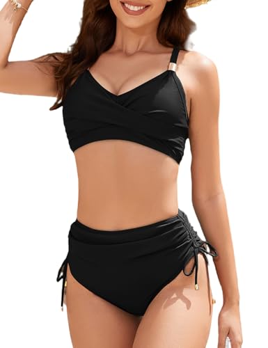 Naliha Damen-Bikini-Set, gedrehte Vorderseite, Bauchkontrolle, Kordelzug, zweiteiliger Badeanzug, überkreuzter Raffhalter, Schwarz, Medium Naliha Damen-Bikini-Set, gedrehte Vorderseite, Bauchkontrolle, Kordelzug, zweiteiliger Badeanzug, überkreuzter Raffhalter, Schwarz, Medium von Naliha