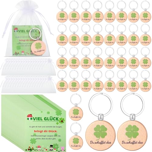 Namalu 36 Viel Glück Geschenk Sets Inkl. 36 Holz Kleeblatt Schlüsselanhänger 36 Viel Glück Karten 36 Organzabeutel für Frau Freunde Kollege Mitarbeiter Glücksbringer für Prüfung Genesung (Du Schaffst) von Namalu