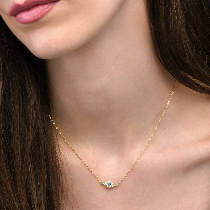 Gold Überzogene 925Er Sterlingsilber-Evil Eye-Anhänger-Halskette Für Frauen, Zierliche Evil Eye-Goldhalskette Mit Weißen Und Blauen Zirkonia-Steinen Gold Überzogene 925Er Sterlingsilber-Evil Eye-Anhänger-Halskette Für Frauen, Zierliche Evil Eye-Goldhalskette Mit Weißen Und Blauen Zirkonia-Steinen von NamanaLondon