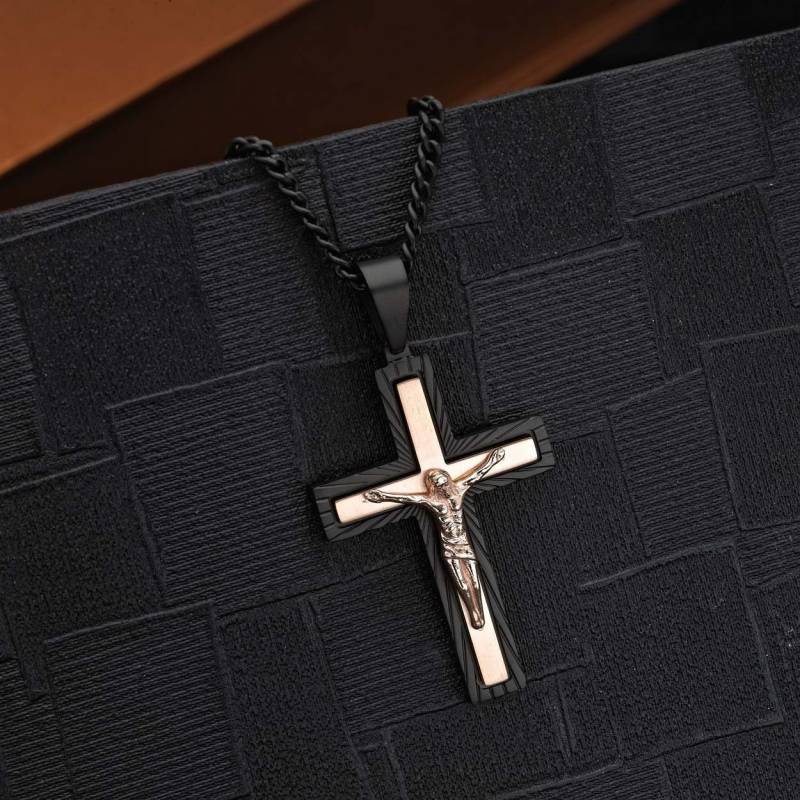 Herrenkreuz Mit Schwarzer Und Roségold-Ip-Beschichtung. Herren Edelstahlkette Kreuzanhänger Aus Black Metal Rose Gold von NamanaLondon