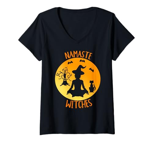 Damen Namaste Witches Halloween Shirt Lustig Yoga Hexe T-Shirt mit V-Ausschnitt von Namaste Witches Halloween Yoga Designs