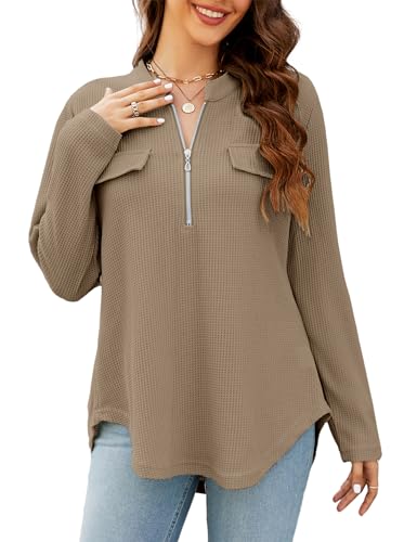 Namatime Bluse Damen Elegant Waffel Longshirt Langarm V-Ausschnitt Tunika mit Reißverschluss Loose Fit Longbluse für Herbst Winter Frühling Kamel S von Namatime