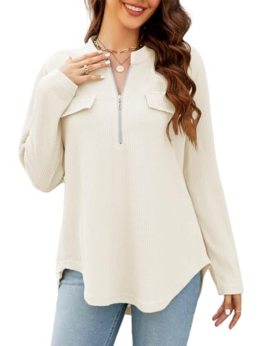 Namatime Bluse Damen Elegant Waffel Longshirt Langarm V-Ausschnitt Tunika mit Reißverschluss Loose Fit Longbluse für Herbst Winter Frühling Beige M von Namatime