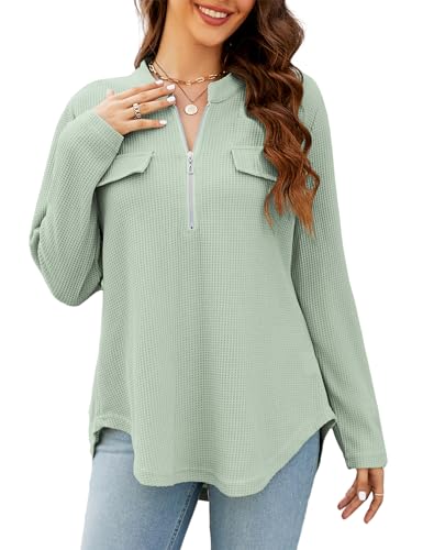 Namatime Bluse Damen Elegant Waffel Longshirt Langarm V-Ausschnitt Tunika mit Reißverschluss Loose Fit Longbluse für Herbst Winter Frühling hellgrün L von Namatime