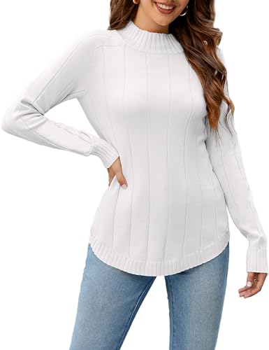 Namatime Rollkragenpullover Damen Elegant Strickpullover Herbst Pullover Stehkragen Langarm Rolli Weich Pulli Stretch Ribbed Strick Winterpullover, Weiß, L von Namatime