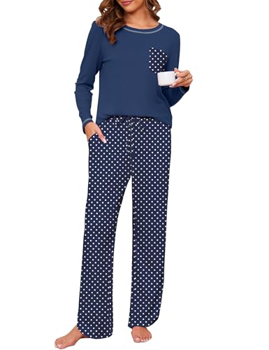 Namatime Damen Schlafanzug Lang Pyjama Set Winter Schlafanzüg Baumwolle Zweiteiliger Sleepwear Soft Loungewear mit Pyjamahose Marineblau Punkt XL von Namatime