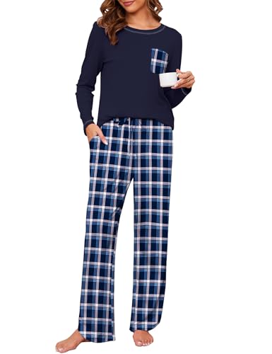 Namatime Damen Schlafanzug Lang Pyjama Winter Schlafanzüg Baumwolle Zweiteiliger Sleepwear Soft Loungewear mit Pyjamahose Blau + Weiß kariert XXL von Namatime