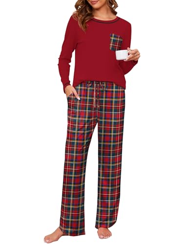 Namatime Damen Schlafanzug Lang Pyjama Winter Schlafanzüg Baumwolle Zweiteiliger Sleepwear Kariert Loungewear mit Pyjamahose Rot + Grün Kariert S von Namatime