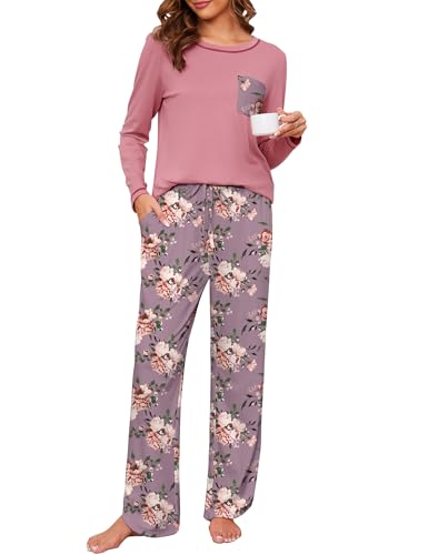 Namatime Damen Schlafanzug Lang Pyjama Winter Schlafanzüg Baumwolle Zweiteiliger Sleepwear Soft Loungewear mit Pyjamahose Rosa Floral XXL von Namatime