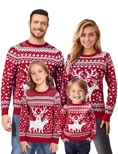 Namatime Weihnachtspullover Damen Rundhals Strickpullover Weihnachten Pullover Partnerlook Reindeer Christmas Sweater Unisex Familie Set Damen-Rot L von Namatime