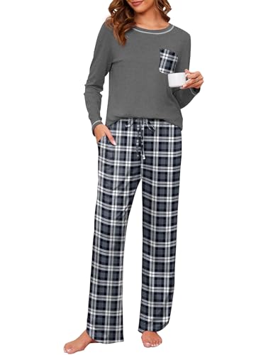 Namatime Kariert Schlafanzug Damen Lang Baumwolle Pyjama Damen Schlafanzüg Loungewear Winter Langarm Nachtwäsche mit Taschen Schwarz + Weiß kariert XXL von Namatime