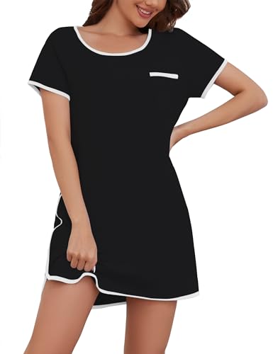 Namatime Nachthemd Damen Kurzarm Baumwolle Schlafshirt Gemütlich Nachthemden Sleepshirt Knielang Nachtwäsche Negligee für Sommer Schwarz L von Namatime