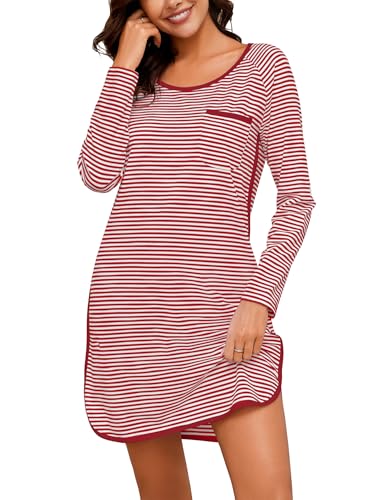 Namatime Nachthemd Damen Langarm Baumwolle Schlafshirt Gemütlich Streifen Nachthemden Mädchen Sleepshirt Knielang Nachtwäsche Rot PAT6 M von Namatime