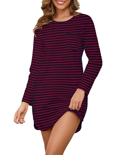 Namatime Nachthemd Damen Langarm Nachthemden für Damen Baumwolle Schlafshirt Streifen Nachtwäsche Herbst Winter Nachtkleid Marine+ Rot PAT11 M von Namatime