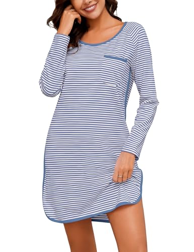 Namatime Nachthemd Damen Langarm Nachthemden für Damen Baumwolle Schlafshirt Streifen Nachtwäsche Herbst Winter Nachtkleid PAT1 S von Namatime