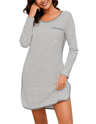 Namatime Nachthemd Damen Langarm Schlafshirt Baumwolle Nachtwäsche Lang Weiche Loungewear Rundhals Nachtkleid Streifen Freizeitkleid PAT3 M von Namatime