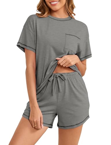 Namatime Pyjama Damen Kurz Schlafanzug Sommer Zweiteiliger Nachtwäsche Kurzarm Hausanzug Sleepshirt und Pyjamahose mit Elastischer Bund Grau XL von Namatime