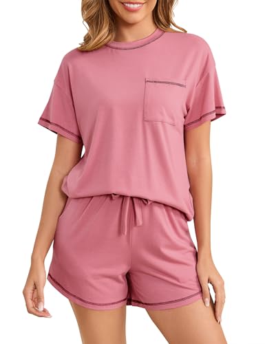 Namatime Pyjama Damen Kurz Schlafanzug Sommer Zweiteiliger Nachtwäsche Kurzarm Hausanzug Sleepshirt und Pyjamahose mit Elastischer Bund Rosa XL von Namatime