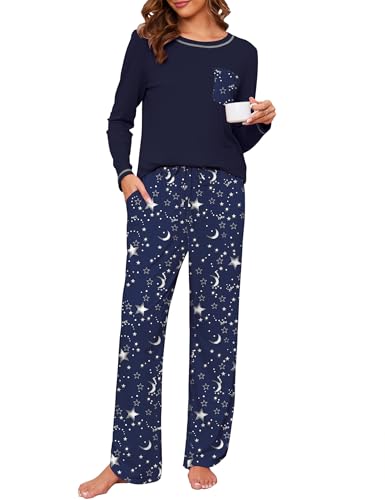 Namatime Pyjama Damen Lang Schlafanzug Baumwolle Herbst Winter Pyjama Set Langarm Hausanzug Rundausschnitt Loungewear Marineblau Stern M von Namatime