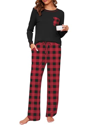 Namatime Pyjama Damen Lang Schlafanzug Baumwolle Herbst Winter Weihnachts-Pyjama Set Langarm Hausanzug Rundausschnitt Loungewear Rot+Schwarz Kariert S von Namatime