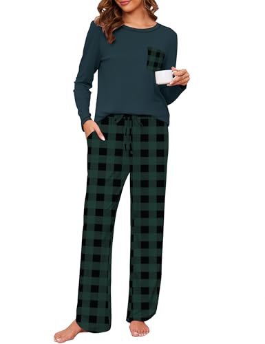 Namatime Pyjama Damen Lang Schlafanzug Baumwolle Weihnachts Pyjama Set Kariert Hausanzug Rundausschnitt Loungewear Herbst Winter Grün Kariert L von Namatime