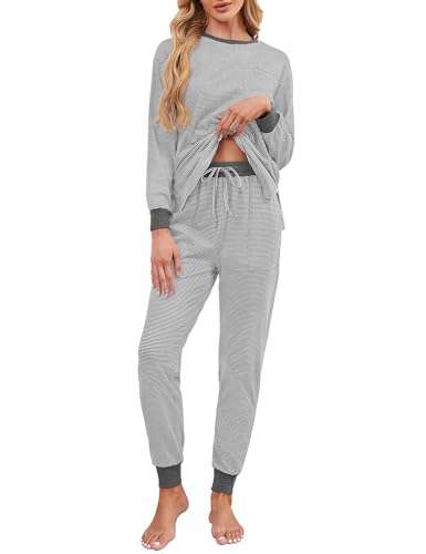 Namatime Pyjama Damen Schlafanzug Lang Winter Zweiteiliger Hausanzug Baumwolle Schlafanzüge für Damen Dunkelgrau L von Namatime