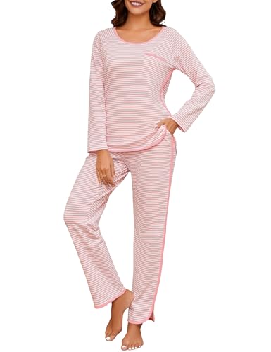 Namatime Pyjama Damen Schlafanzug Lang Zweiteiliger Baumwolle Streifen Schwangere Pyjama Set Winter Kuschelig Hausanzug Rosa+Weiß XL von Namatime