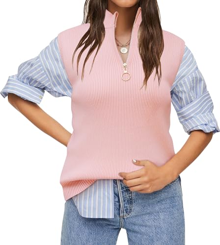 Namatime Rollkragenpullover Damen Ärmellos Rollkragen Oberteil Stehkragen Top Elegant Einfarbiges Strickpullover mit 1/4 Reißverschluss, Rosa, XXL von Namatime