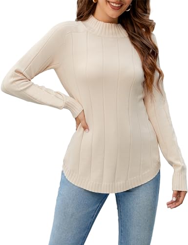 Namatime Rollkragenpullover Damen Elegant Strickpullover Herbst Pullover Stehkragen Langarm Rolli Weich Pulli Stretch Ribbed Strick Winterpullover, Aprikose, XL von Namatime