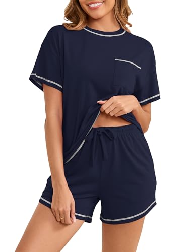 Namatime Schlafanzug Damen Kurz Baumwoll Pyjama Zweiteiliger Shorty Nachtwäsche Kurzarm Oberteil und Shorts mit Taschen für Sommer Dunkelblau XXL von Namatime