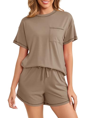Namatime Schlafanzug Damen Kurz Baumwoll Pyjama Zweiteiliger Shorty Nachtwäsche Kurzarm Oberteil und Shorts mit Taschen für Sommer Khaki XXL von Namatime