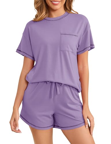 Namatime Schlafanzug Damen Kurz Baumwoll Pyjama Zweiteiliger Shorty Nachtwäsche Kurzarm Oberteil und Shorts mit Taschen für Sommer Lila L von Namatime
