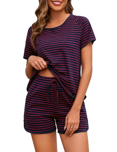 Namatime Schlafanzug Damen Kurz Baumwolle Nachtwäsche Zweiteiliger Pyjama Loungewear Kurzarm Oberteil und Shorts mit Taschen für Sommer Marineblau+ Rot Breite Streifen S von Namatime