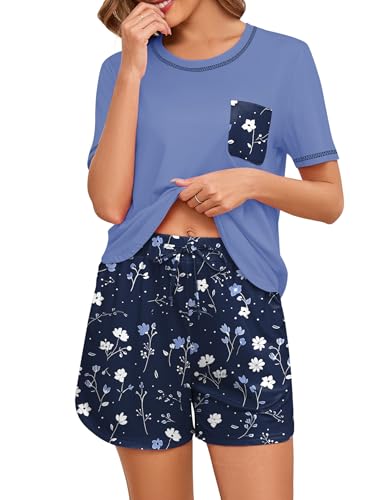 Namatime Schlafanzug Damen Kurz Baumwolle Pyjama Damen Sommer Nachtwäsche Zweiteiliger Sleepwear Hausanzug Kurzarm Shirt und Pyjamahose Blau Floral XL von Namatime