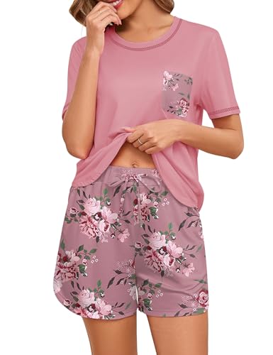 Namatime Schlafanzug Damen Kurz Baumwolle Pyjama Damen Sommer Nachtwäsche Zweiteiliger Sleepwear Hausanzug Kurzarm Shirt und Pyjamahose Rosa Floral XL von Namatime
