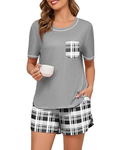 Namatime Schlafanzug Damen Kurz Baumwolle Pyjama Damen Sommer Nachtwäsche Zweiteiliger Sleepwear mit Taschen Hausanzug Kurzarm Shirt und Pyjamahose Schwarz + Weiß kariert XL von Namatime