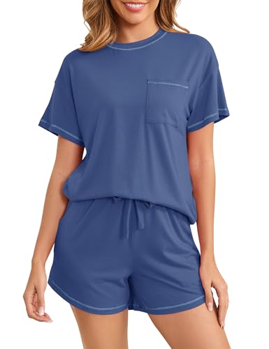 Namatime Schlafanzug Damen Kurz Baumwolle Pyjama Set Sommer Shorty Nachtwäsche Kurzarm T-Shirt und Pyjamahose mit Taschen Navyblau M von Namatime