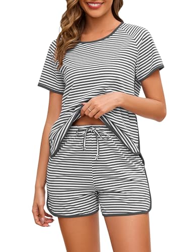 Namatime Schlafanzug Damen Kurz Baumwolle Pyjama Sets 2 Stück Loungewear Stripe Nachtwäsche Kurzarm Top und Shorts mit Taschen Dunkelgrau L von Namatime