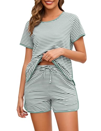 Namatime Schlafanzug Damen Kurz Baumwolle Pyjama Sommer Nachtwäsche Shorty Freizeitanzug T-Shirt und Pyjamahose mit Taschen Grün M von Namatime