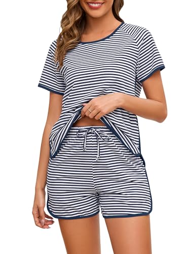 Namatime Schlafanzug Damen Kurz Baumwolle Pyjama Sommer Nachtwäsche Shorty Freizeitanzug T-Shirt und Pyjamahose mit Taschen Marineblau M von Namatime