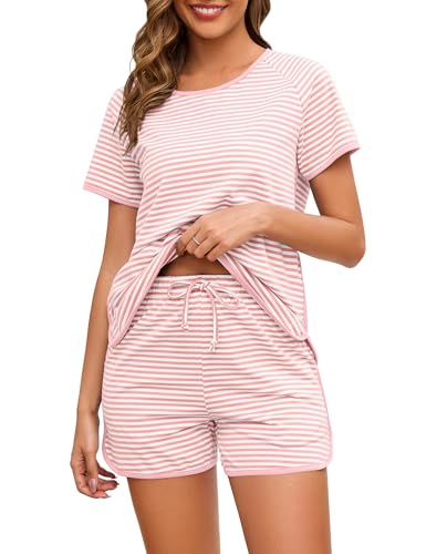 Namatime Schlafanzug Damen Kurz Baumwolle Pyjama Sommer Nachtwäsche Shorty Freizeitanzug T-Shirt und Pyjamahose mit Taschen Rosa M von Namatime