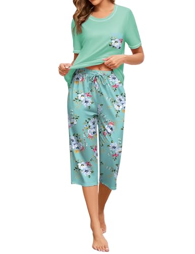 Namatime Schlafanzug Damen Kurz Pyjama Baumwolle Kurzarm Hemd und Caprihose Nachtwäsche Pjs Sets Zweiteiliger Hausanzug mit Taschen Grün Floral S von Namatime
