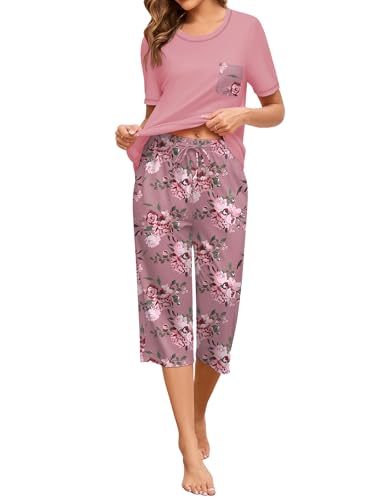 Namatime Schlafanzug Damen Kurz Pyjama Baumwolle Kurzarm Hemd und Caprihose Nachtwäsche Pjs Sets Zweiteiliger Hausanzug mit Taschen Rosa Floral S von Namatime