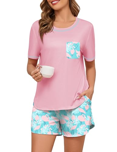 Namatime Schlafanzug Damen Kurz Pyjama Sommer Nachtwäsche Shorty Hausanzug Zweiteiliger Kurzarm Loungewear mit Taschen Rosa Flamingo L von Namatime